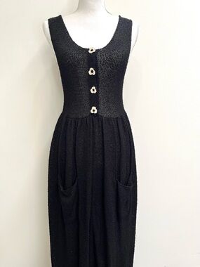 Vintage Carolyn Eve black knit maxi dress crochet flower snaps sleeveless small